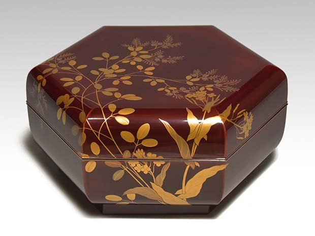 草花蒔絵 六角形菓子器 平安 西村象彦 逸品作 共箱 喰籠 | 古美術ささき