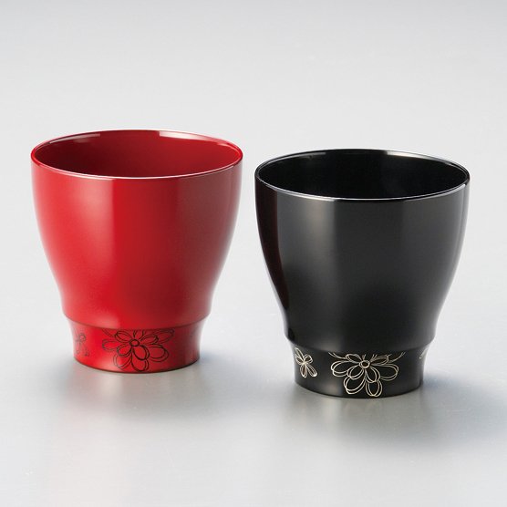 フリーカップ フラワー 朱・黒 ペア 2客セット 漆塗り 12-05202 漆器の井助