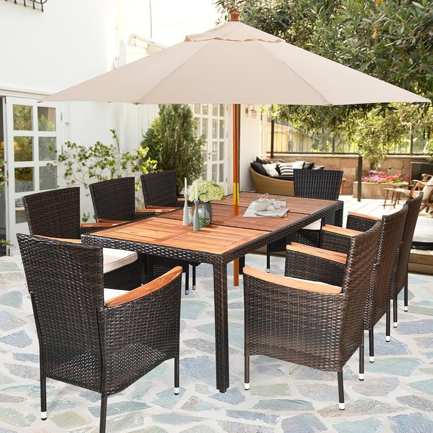 Amazon.com: DORTALA 9-Piece Patio Dining Set, Acacia Wood & Rattan