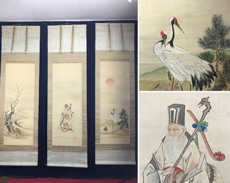 【真作】榊原文翠/寿老鶴亀三幅対/寿老人図/鶴亀図/掛軸/名家伝来/AC-559 鶴に寿老人図（三幅対） 文化遺産オンライン