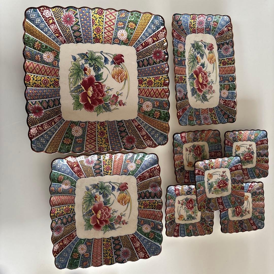 花柄陶器皿セット 大皿・中皿・小皿 九谷焼 皿 四季の花 4.6号皿揃 中皿 大皿 おしゃれ 青郊窯 食器 陶器