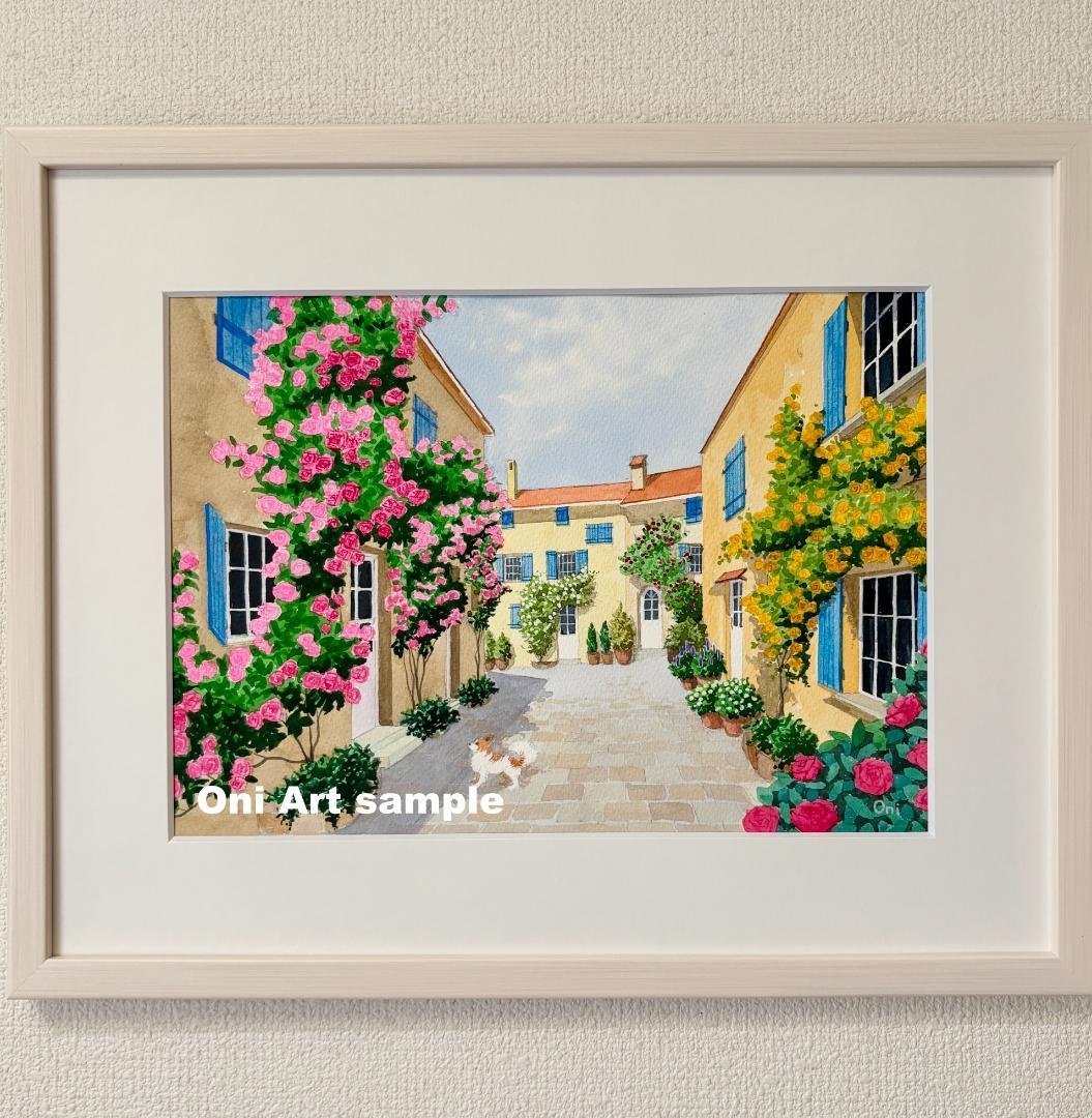 透明水彩画　原画　「花の咲く路地06」額縁付き　F4サイズ　風景画 ae6e533d764ec4d414f260fd3b7a7d