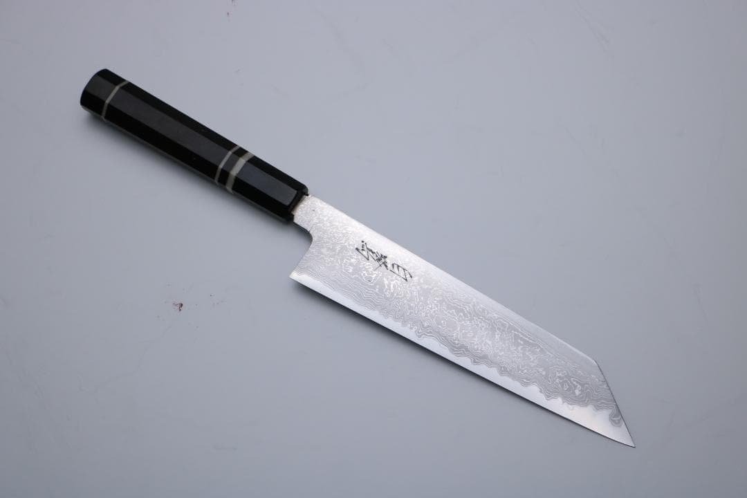 田中義一作 切付牛刀 和包丁 墨流 青一鋼 黒檀八角水牛 7寸 箱無し 田中義一作 切付牛刀 和包丁 墨流 青一鋼 黒檀八角水牛 7寸 箱無し