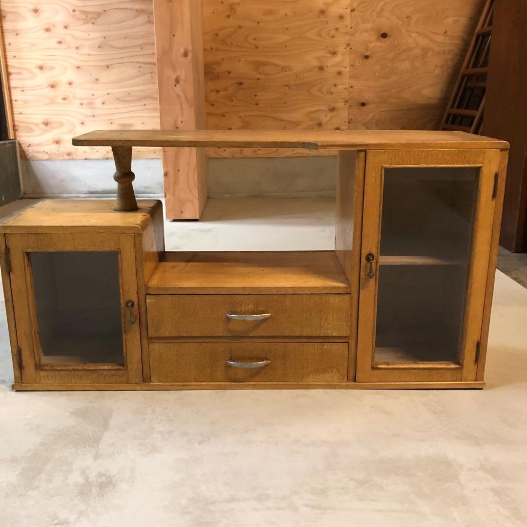 昭和レトロ　ウッドラック　木製棚　ガラス戸　飾り棚　引出付き収納　ディスプレイ 収納棚 キャビネット 小型 木製 ラック 棚 収納 ショーケース