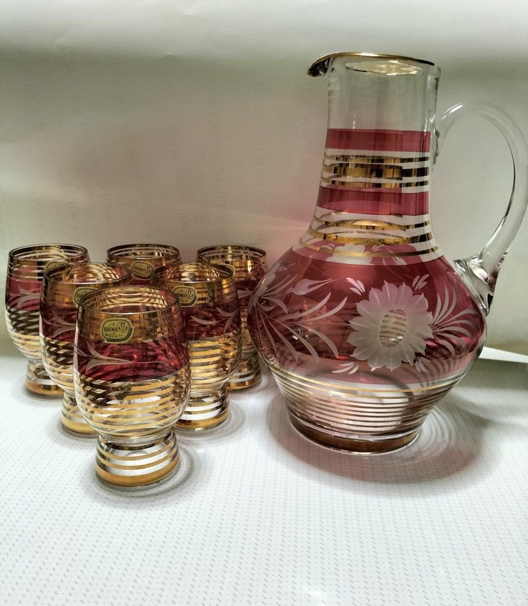 美品ボヘミアングラス デキャンタ ワイングラス6個 レッド 金彩 【仁