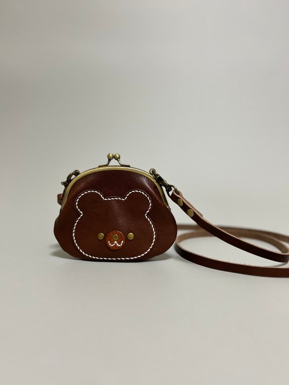 姫路レザーminiがま口ポシェット◇焦げ茶 外ポッケ付き くまちゃん