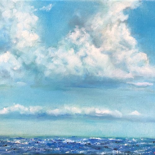 油絵 原画 オリジナル 「青い空と白い雲」 送料無料 絵画 Masako's