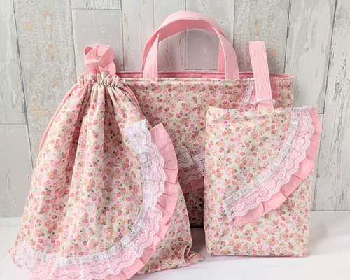 入学3点セット レッスンバッグ 上履き入れ 大きめ 体操着袋 小花と