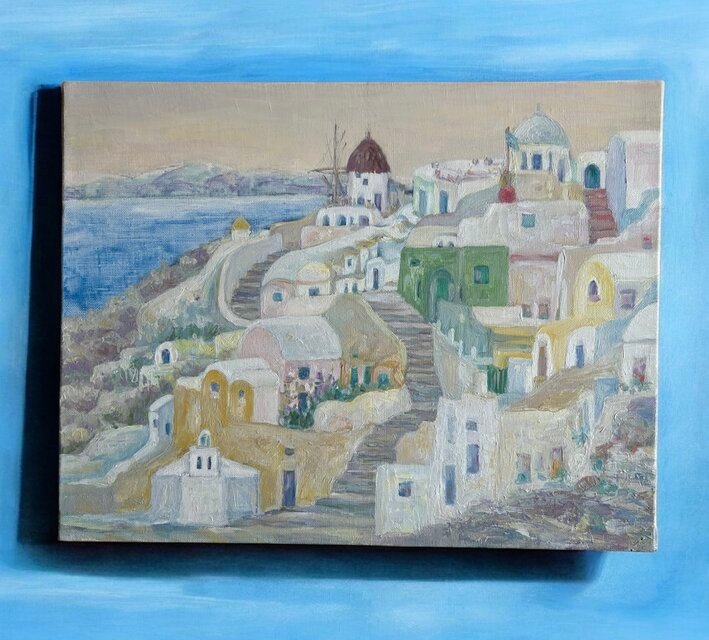 エーゲ海に浮かぶ島（油絵6号、ギリシャ、サントリーニ島の村イア